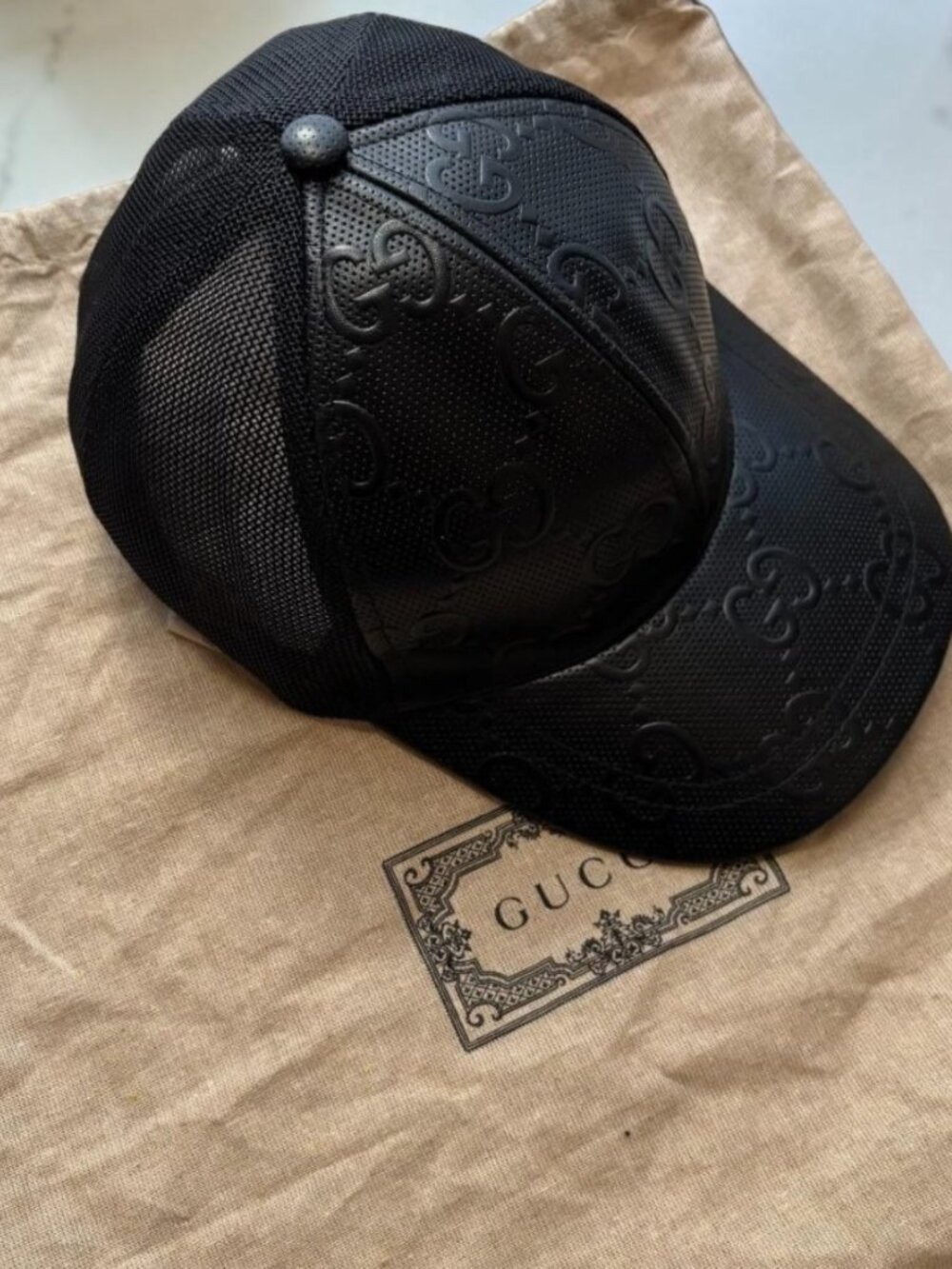 GUCCI GG Embossed Black Leather Mesh Trucker Baseball Cap Hat Italy + Dust Bag - Picture 2 of 10